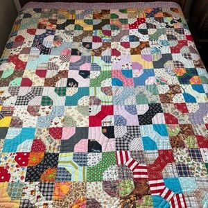 Vintage Hand Quilted Bow Tie Patchwork Quilt –Scrap Quilt – 95” x 78” Queen Size